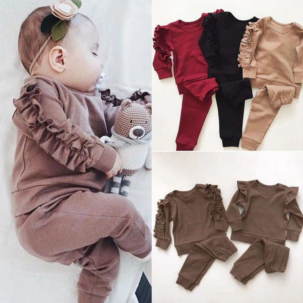 Newborn Baby Boys Girls Ruffles Jumper Solid Long Sleeve Sweatshirt Tops Pants Infant Kids 2Pcs Outfits Clothes Set Fall Clothes - Mommii & Me Newborn Baby Boys Girls Ruffles Jumper Solid Long Sleeve Sweatshirt Tops Pants Infant Kids 2Pcs Outfits Clothes Set Fall Clothes