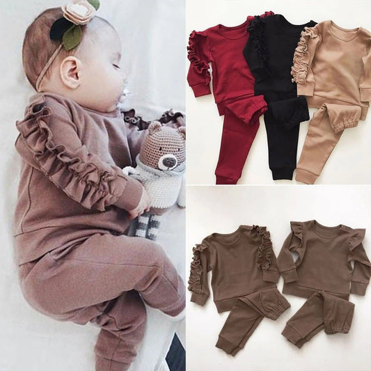 Newborn Baby Boys Girls Ruffles Jumper Solid Long Sleeve Sweatshirt Tops Pants Infant Kids 2Pcs Outfits Clothes Set Fall Clothes - Mommii & Me Newborn Baby Boys Girls Ruffles Jumper Solid Long Sleeve Sweatshirt Tops Pants Infant Kids 2Pcs Outfits Clothes Set Fall Clothes
