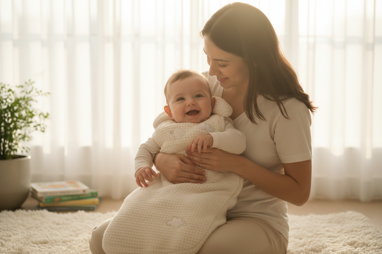 a mother holding her smiling baby, and the baby is wrapped in a sleeping bag